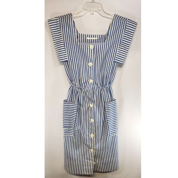 Vintage 80's Blue & White Striped Pinafore Style Dress - Picture 2 of 7